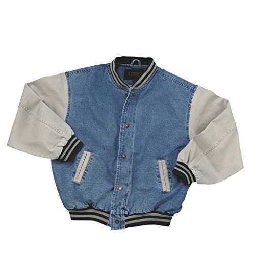 Vintage Denim Varsity Jacket with Khaki Sleeves