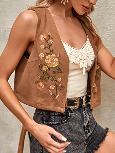 Brown Floral Embroidery Cowgirl Crop Vest for Women