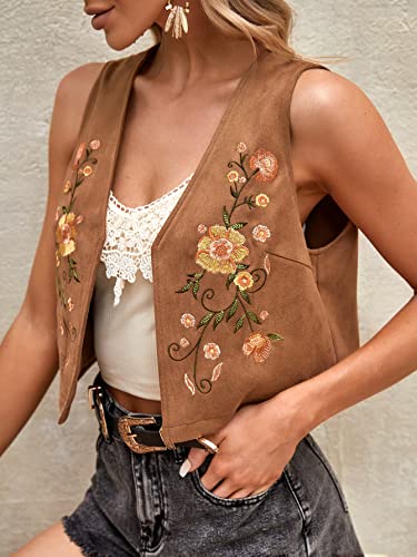 Brown Floral Embroidery Cowgirl Crop Vest for Women