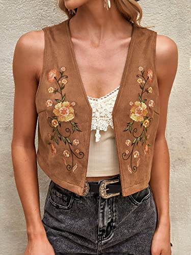 Brown Floral Embroidery Cowgirl Crop Vest for Women