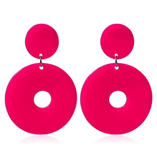 TIANHONGYAN Retro Simple Acrylic Neon Earrings Hollow Round Dangle Drop Earrings for Women Girls Resin Geometric Statement Earrings 70s 80s Earrings Party Jewelry (rose red)