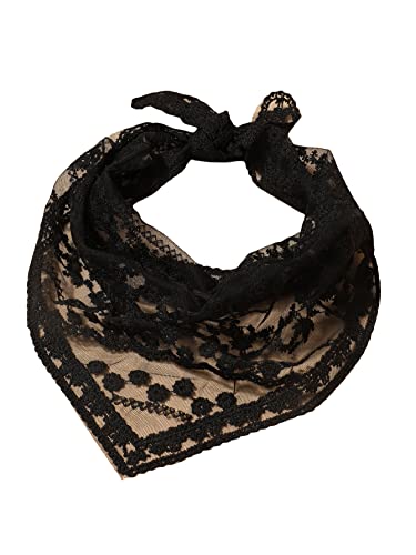 Women's Black Lace Triangle Neck Scarf with Embroidery