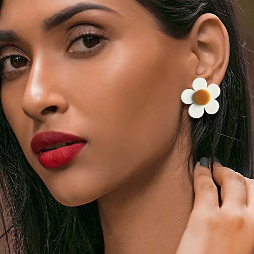 Fiklon 60s 70s Earrings for Women Girls,Retro Neon Hippie Flower Disco Earrings Pink Orange White Blue Yellow Green Colorful Pressed Floral Earring (W)