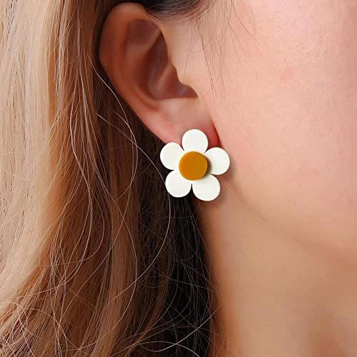 Fiklon 60s 70s Earrings for Women Girls,Retro Neon Hippie Flower Disco Earrings Pink Orange White Blue Yellow Green Colorful Pressed Floral Earring (W)