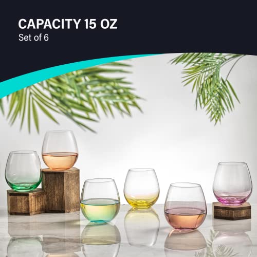 JoyJolt HUE Stemless Wine Glass Set, 6 Pieces