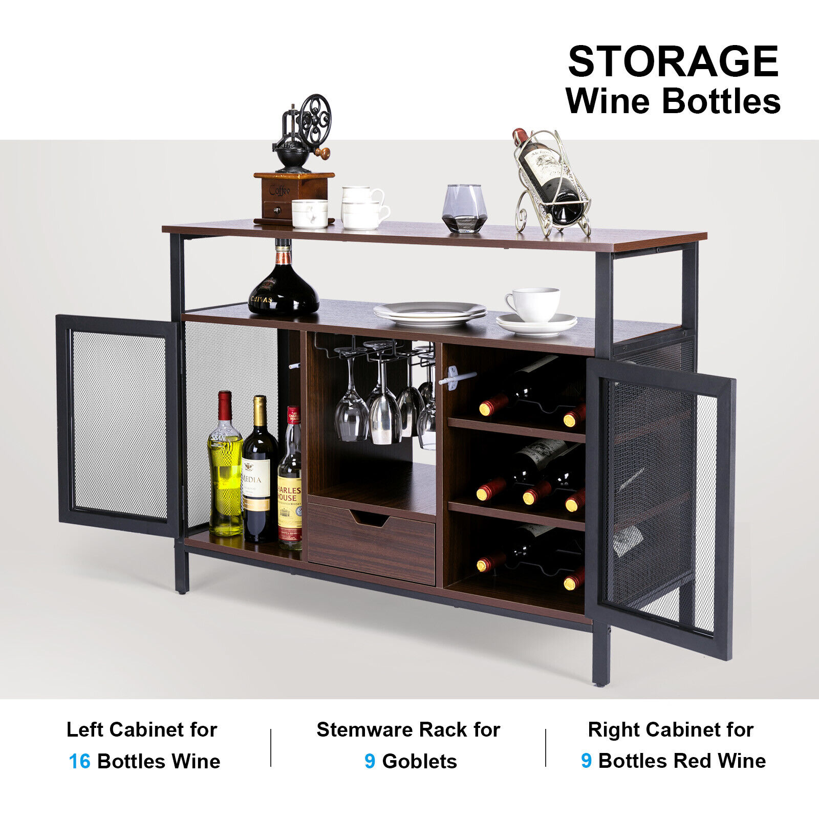 Brown Industrial 43" Wine Bar Cabinet and Rack