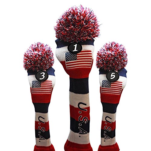 USA Majek Golf Driver 1 3 5 Fairway Woods Headcovers Pom Pom Knit Limited Edition Vintage Classic Traditional Flag Stars Red White Blue Stripes Retro Head Cover Fits 460cc Driver and 260cc Metal Woods from Majek Golf