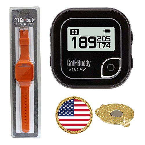 AMBA7 GolfBuddy Voice 2 Golf GPS/Rangefinder (40k+ Preloaded Worldwide Courses) Bundle with Wrist Band and Magnetic Hat Clip Ball Marker (USA Flag)