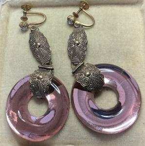 Large Vintage Vauxhall Glass Pendant Earrings