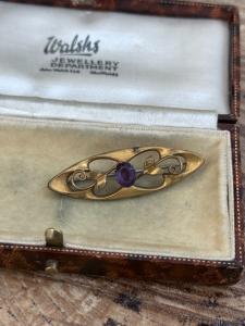 Art Nouveau Rolled Gold Brooch with Purple Rhinestones