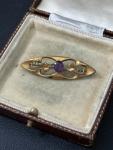 Art Nouveau Rolled Gold Brooch with Purple Rhinestones