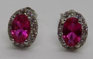 Vintage Art Deco Silver Pink Stone Oval Earrings