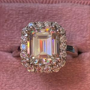 Emerald Cut Moissanite Halo Engagement Ring