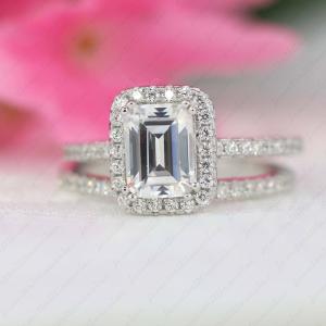 Emerald Cut Moissanite Bridal Engagement Ring Set