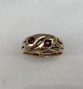 Gold Snake Ring with Garnet & Diamond Detail
