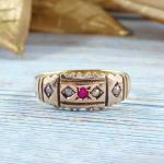 Vintage Gold Gypsy Ring with Red Paste & Pearls