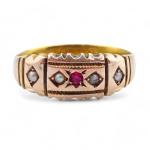 Vintage Gold Gypsy Ring with Red Paste & Pearls