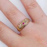 Vintage Gold Gypsy Ring with Red Paste & Pearls