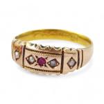 Vintage Gold Gypsy Ring with Red Paste & Pearls