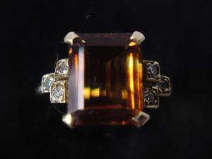 Art Deco Yellow Gold Emerald Citrine & Diamond Ring