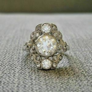 Art Deco 3.02Ct Diamond Engagement Ring 14K White Gold