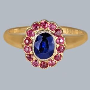 Victorian Sapphire Ruby Cluster Ring in Gold