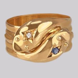 Antique 18ct Gold Double Snake Ring with Diamonds