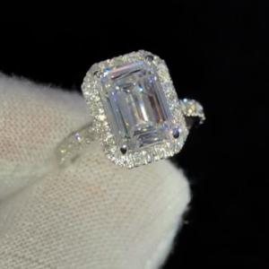 Emerald Cut Moissanite Halo Engagement Ring 14K White Gold
