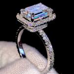 Emerald Cut Moissanite Halo Engagement Ring 14K White Gold