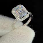 Emerald Cut Moissanite Halo Engagement Ring 14K White Gold