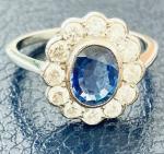 Vintage Platinum Cluster Ring with Blue Sapphire and Diamond