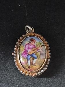 Antique Silver Enamel Watteau Locket Pendant