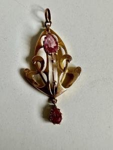 Vintage Art Nouveau 9K Gold Pink Sapphire Pendant