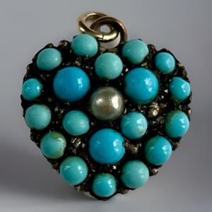 Victorian Turquoise & Pearl Heart Pendant in Gold