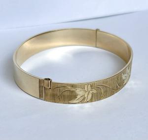 Ladies Floral Etched Antique Rolled Gold Bangle