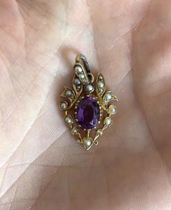 15ct Gold Amethyst and Pearl Antique Pendant