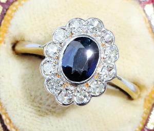 Art Deco 18ct Gold Sapphire Diamond Ring Size P