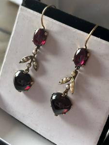 Victorian Gold Earrings with Heart Garnets and Pearls