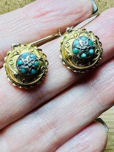 Turquoise Gold Drop Earrings, Etruscan Revival, c.1880