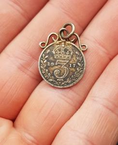 1917 English Silver Threepence Coin Pendant