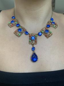 Vintage Blue Czech Glass Lariat Bib Necklace