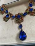 Vintage Blue Czech Glass Lariat Bib Necklace