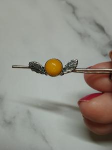 800 Silver Egg Yolk Amber Brooch - Hallmarked