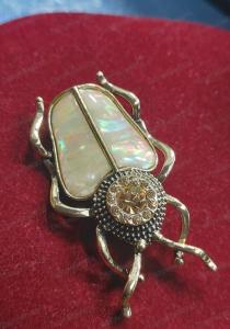 Antique Gold Scarab Beetle Crystal Brooch