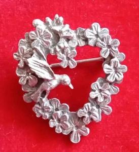 Vintage Pewter Hummingbird & Flowers Heart Brooch