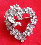 Vintage Pewter Hummingbird & Flowers Heart Brooch