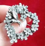 Vintage Pewter Hummingbird & Flowers Heart Brooch