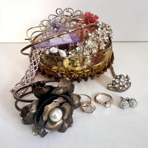 Mystery Glam Antique Jewelry Lot in Art Deco Dish