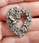 Vintage Pewter Hummingbird & Flowers Heart Brooch
