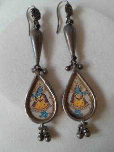 Antique Indian Miniature Krishna Silver Dangle Earrings